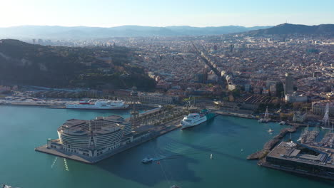 Trading-center-Barcelona-aerial-view-sunny-day-Spain-Port-and-city-landscape